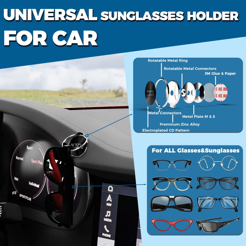 ROSON Sunglass Holder for Car Dash Sunglasses Clip Premium Metal-Alloy Glasses Eyeglass Holder Truck Car Accessories for Women Man - Any Surface You Need - Silver Black (2 Pack) - Image 3